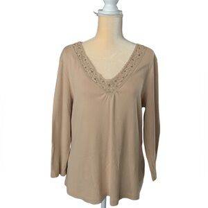 High Sierra Tan Lace-Trimmed Long Sleeve Blouse